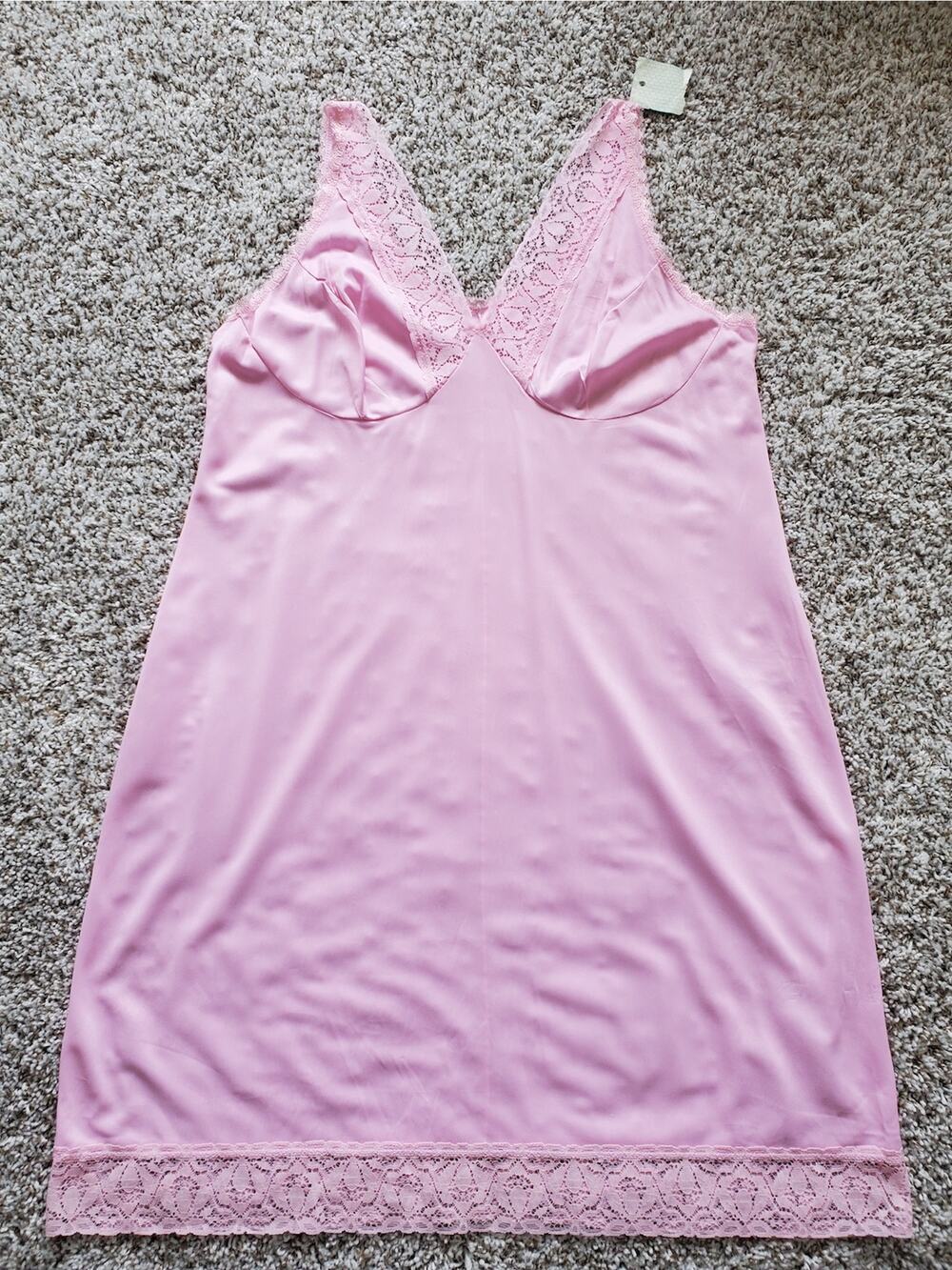 Vintage Pink Lace Lingerie Long Dress Slip Undergarment V-Neck Sleeveless XL